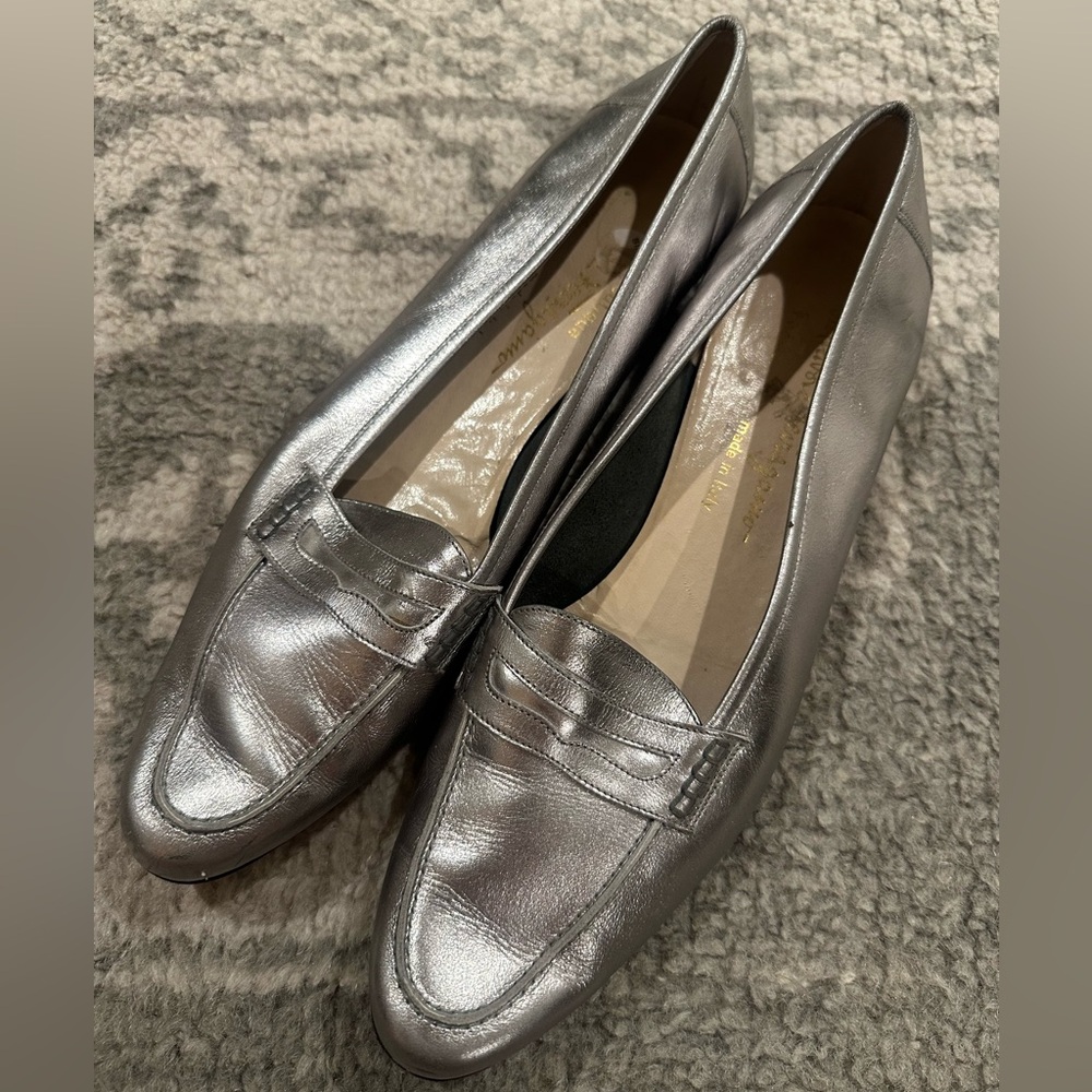 Salvatore Ferragamo Metallic Silver Ballet Flat Loafer